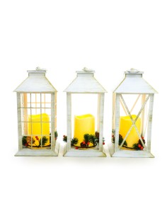LANTERNA BIANCA CON CANDELA LED E DECO A BATTERIA